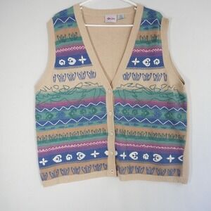 VTG Tan Jay Women Teacher Sweater Vest Colorful Sea Pattern Sleeveless Top Large
